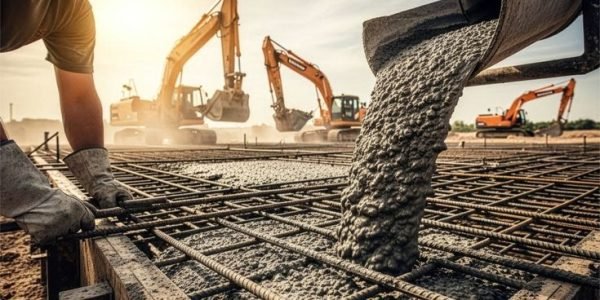 Worker controls concrete flow from mixer truck while pouring foundation slab at construction site